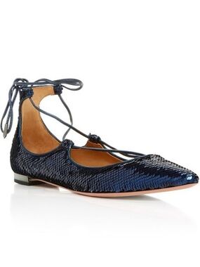 Aquazzura ‘Christy’ Lace-Up Pointed Toe Flats in Blue Sequins Size 6